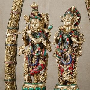 Radha Krishna Idols with Temple Arch Frame | 35" Brass Superfine | Meenakari Stonework | Krishna Leela Scenes | 40 kg Sacred Masterpiece | Divine Elegance